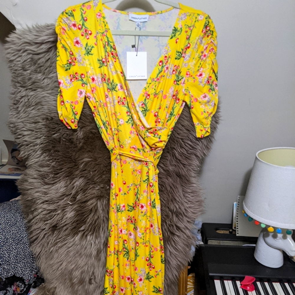NWT Gibson Latimer Yellow Floral Flowy Spring Maxi Dress, small